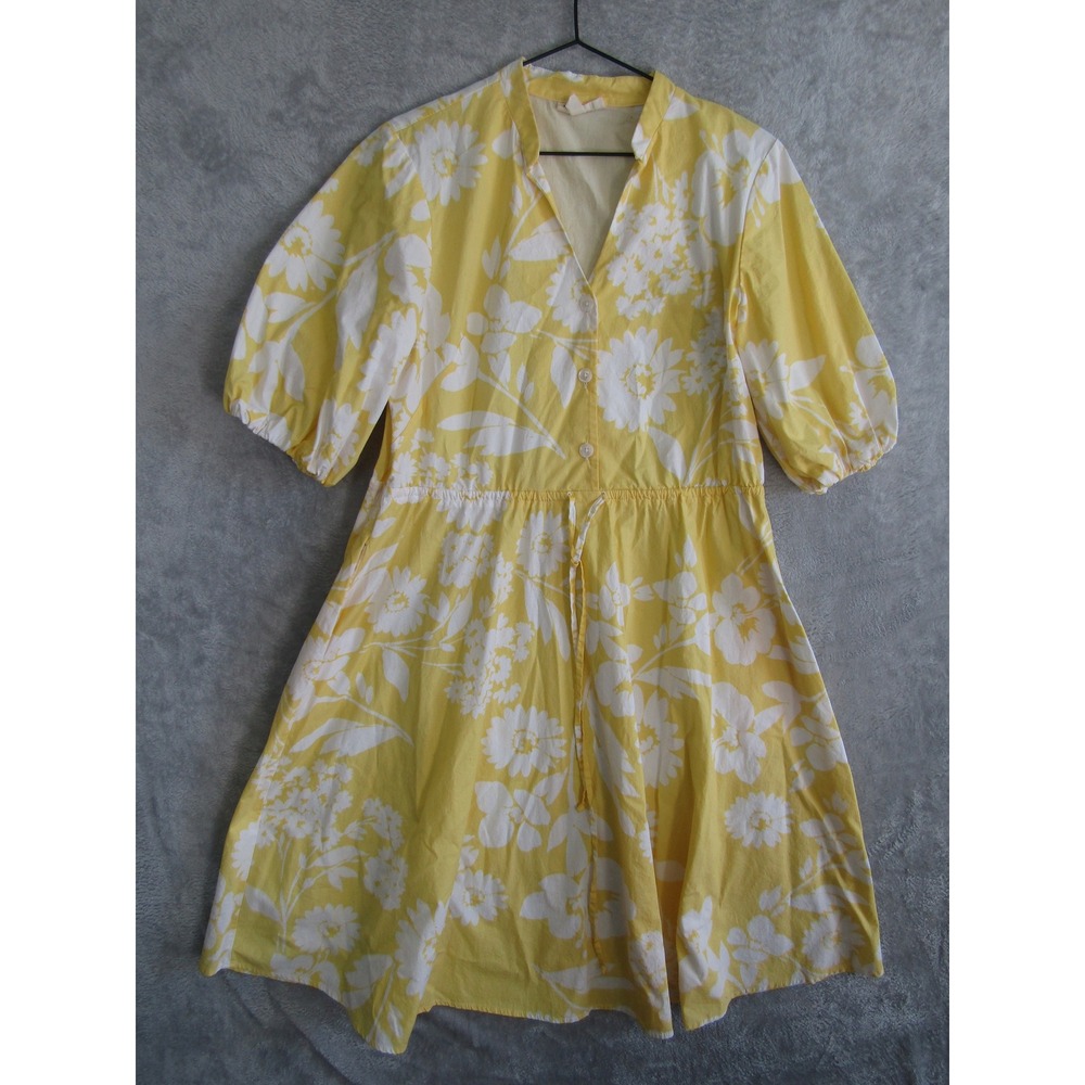 52seven Yellow Floral Cotton Puff Sleeve Button Front Dress‎ Size 12 Drawstring